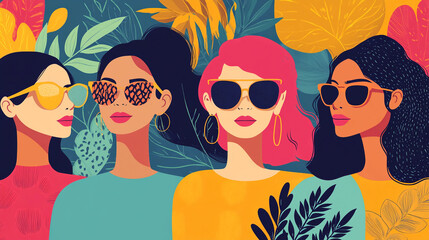 Poster - Stylish women wearing sunglasses fashion illustration summer vibes trendy girls art design colorful scene