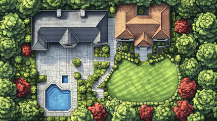 Poster - Aerial view of luxury house with pool and green lawn surrounded by trees and garden design landscape plan