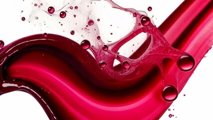Poster - Dynamic fluid motion featuring deep red liquid with droplets splashing and swirling on a clean white backdrop showcasing abstract forms.