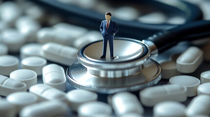 Poster - Healthcare business concept with doctor figurine on stethoscope and medicine pills background design
