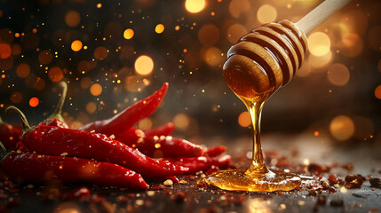 Poster - Spicy honey recipe with red chili peppers and honey dipper for gourmet food photography concept