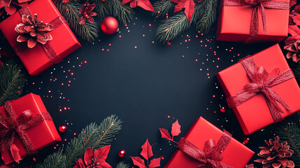 Poster - Christmas gifts background with red presents and pine branches holiday season festive mood celebration