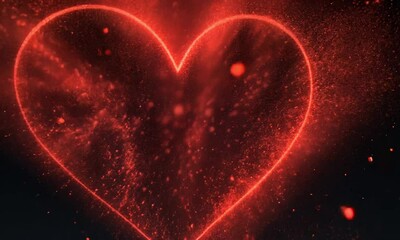 Poster - Red Particles Tracing a Heart Shape and Filling It Completely Against a Black Background made with Generative AI technology
