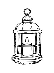 Poster - Vector drawing of a candle lantern icon, isolated on a white background, line art illustration.