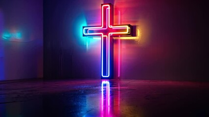 Poster - Colorful Neon Cross Illumination Modern Spirituality Reflected in Art and Design, Creating Striking Light and Shadow in Serene Atmosphere.
