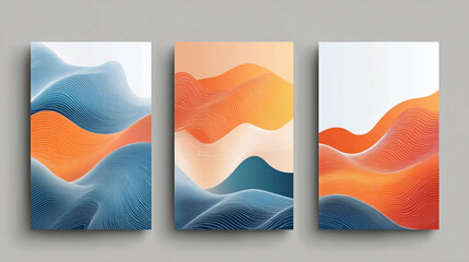 Poster - abstract wave art print set of three modern wall decor orange and blue gradient posters design