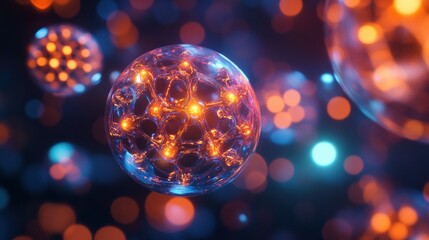 Poster - Detailed 3D illustration of adeno-associated virus showcasing intricate protein capsid and bioluminescent features amidst a fluidic backdrop