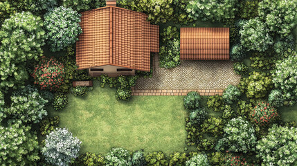 Poster - Aerial view of house with tile roof and lush garden landscaping for real estate and home design inspiration