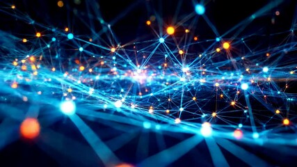 Fototapete - Dynamic network of glowing connections and shimmering nodes in a digital grid