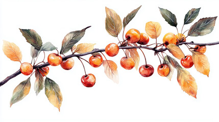 Poster - watercolor painting of cherry tree branch with red cherries and leaves for autumn season art design
