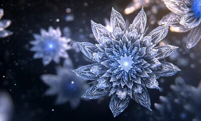 Poster - Firework Display with Blue Bursts Creating Flower-Like Shapes and Dissolving into Stars on the Edges made with Generative AI technology