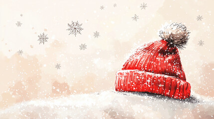 Poster - Winter hat on snow background with snowflakes falling christmas season holiday background illustration art