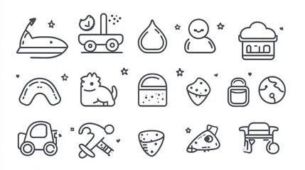 Poster - outline icons vector set with spaceship car earth drop and other objects in simple black and white s