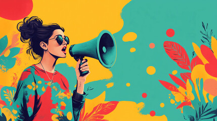 Poster - Woman with megaphone illustration for announcement protest and communication design vector art image