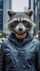 Wall Mural - Person in a raccoon mask in a sleek urban setting.