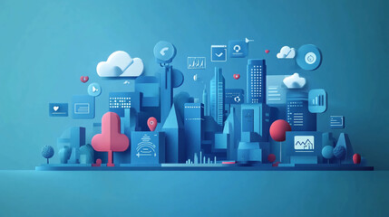 Poster - blue cityscape illustration with data icons for business technology and digital marketing concepts