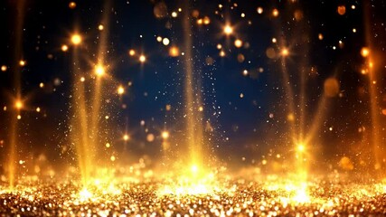 Poster - Golden luminescence: radiant particles dance and sparkle in dazzling light display