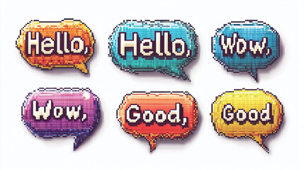 Poster - pixel art speech bubbles hello wow good communication message chat dialog bubble retro game design v