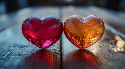 Poster - Two crystal heart shapes on wooden surface love valentine's day romance romantic hearts relationship