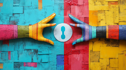 Poster - Colorful hands reaching for connection abstract art collaboration partnership concept design illustration 3d