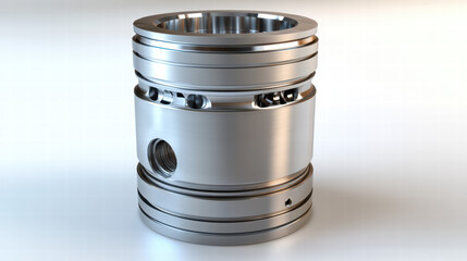 Poster - Precision Engineering: A meticulously crafted metal piston showcases the essence of industrial design, gleaming with intricate detail and reflecting the precision of manufacturing.