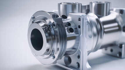 Poster - Industrial Machinery Components: The image is a close-up, highly detailed studio shot, highlighting the intricate design of metallic components. The composition emphasizes precision, quality.