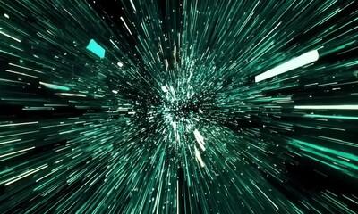 Poster - Glowing Digital Data Particles in Blue and Green Cascading in Synchronized Waves Across a Black Background made with Generative AI technology