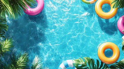 Poster - summer pool party background with inflatable rings and palm leaves top view for vacation concept 100