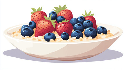 Poster - Oatmeal breakfast bowl with strawberries and blueberries healthy food illustration vector design art