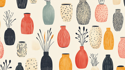 Poster - Seamless pattern with vases vector art print home decor wallpaper background design decorative pottery style