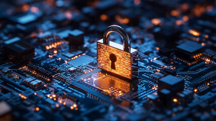 Poster - Cybersecurity padlock on circuit board for data protection and network security solution concept design
