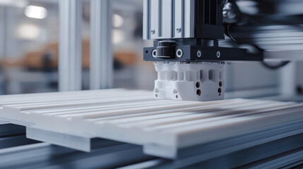 Poster - 3D Printing in Action: Close-up shot of a 3D printer head meticulously layering plastic filament, building a complex object layer by layer.