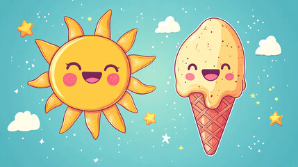 Poster - cute summer sun and ice cream cone illustration for kids with happy faces and stars on a blue backgr