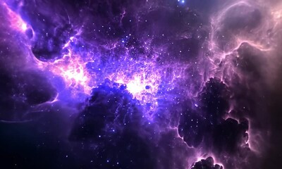 Poster - Pulsating Purple-Blue Particle Streams Emerging from Optical Fibers and Exploding into Clouds made with Generative AI technology