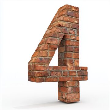Font 4 shaped number brick wall stone pattern, rustic vintage, isolated white