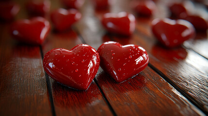 Poster - red hearts on wood surface valentines day love romance heart shape romantic background valentines ca