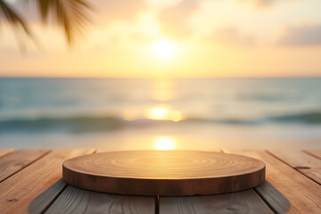Wall Mural - empty round wooden table on blurred sea background for product display. table with natural wood text