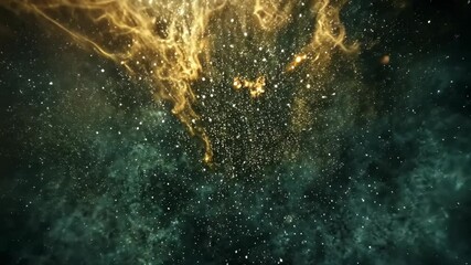 Poster - Golden ethereal particles flowing and scattering amidst a dark green textured background, creating a dreamy abstract scenery.