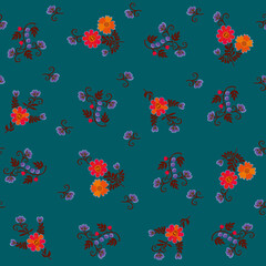 Wall Mural - seamless natural fabric print with lovely flowers, buds, berries and leaves, freely arranged on a em