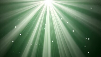 Poster - Radiant light beams on a green background with floating stardust and sparkling stars, creating an ethereal and magical atmosphere
