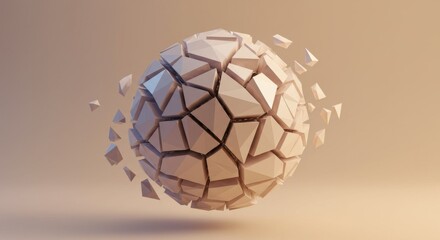Poster - Abstract 3D Render of a Shattering Beige Sphere Geometric Polygonal Fragmentation Digital Art