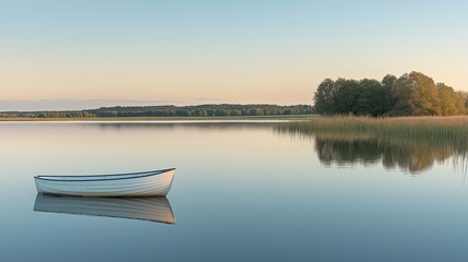 Poster - A calm lake with a lone boat floating, soft reflections.