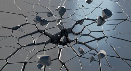 Poster - Shattered Surface Gray Polygonal Fragments Explosion 3D Render Abstract Background
