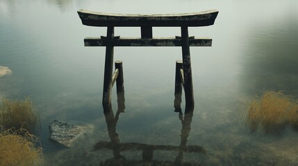 Poster - A Japanese torii gate floating on water, simple yet elegant.