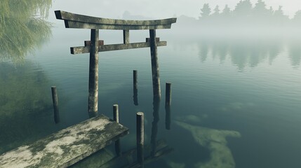 Poster - A Japanese torii gate floating on water, simple yet elegant.