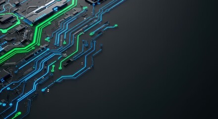 Poster - Abstract Circuit Board Design with Glowing Green and Blue Traces Highlighting Technological Innovation