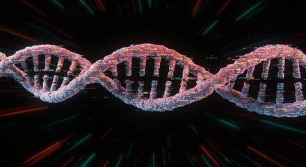 Poster - Digital DNA Double Helix Visualization with Glitch Effects and Data Stream Genetic Code Structure Illustrating Scientific Research and Technological Innovation
