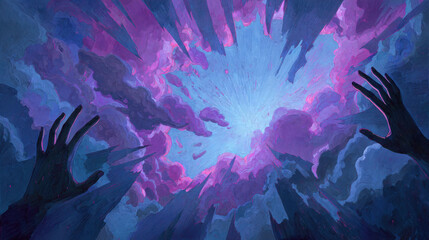 Wall Mural - a surreal illustration of outstretched hands reaching into a glowing sky portal, painted with cooler