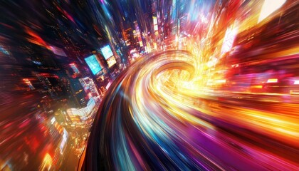 Poster - Hypercity: Accelerated light streams through a vibrant futuristic urban landscape