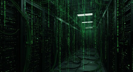 Aufkleber - Inside a High Tech Data Center with Rows of Server Racks and Green Matrix Code Creating a Futuristic Technological Atmosphere for Computer Network Security